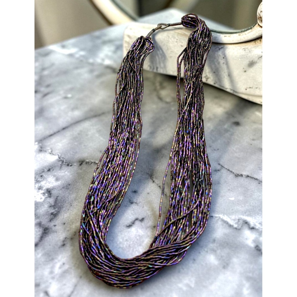 Vintage 24 Strand Purple Iris Glass Bugle Bead Necklace 24" Multi Strand Loop